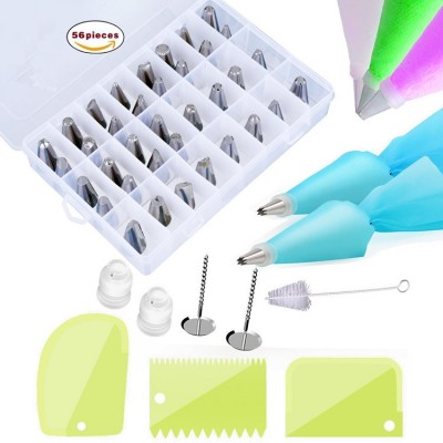 36 Stainless Steel Icing Tips, 2 Silicone Pastry Bags / 2 Flower Nails / 1 Cake Brush / 3 Cake Scrapers / 10 disposable bag